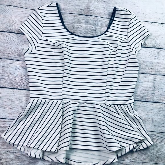 NWOT Xhiliration black white stripe peplum top XL - Picture 1 of 4
